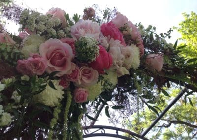 Pink and white flower archway.