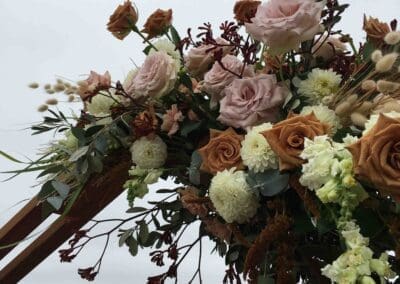 Floral arrangement with ocean view.